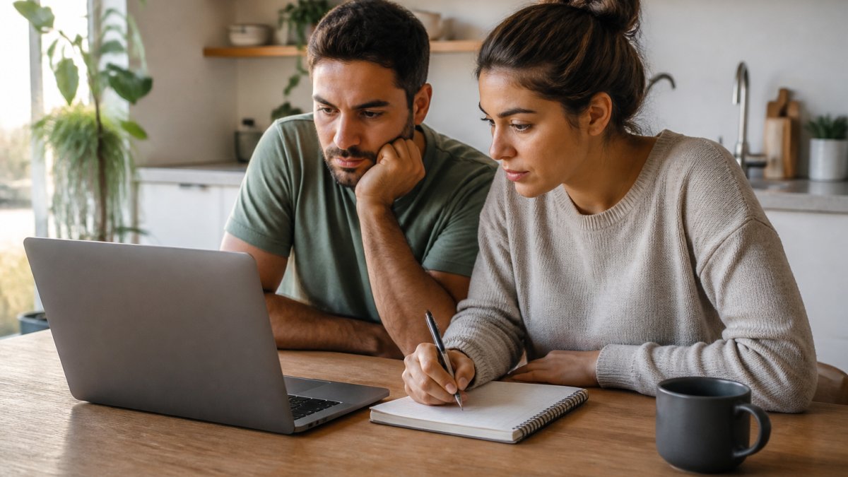 A person sitting at a kitchen table with a laptop open to an insurance member portal, a notebook and pen beside them, soft natural morning light