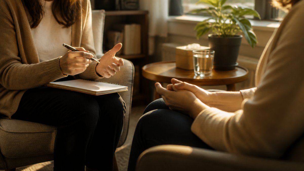A calm therapy office with two comfortable chairs facing each other near a window, a notebook and a glass of water on a small side table, soft natural light