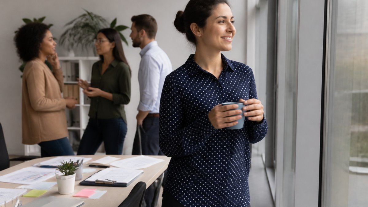 A person stepping away from a cluttered desk to stand by a window with a cup of tea, office in soft afternoon light, calm and unhurried